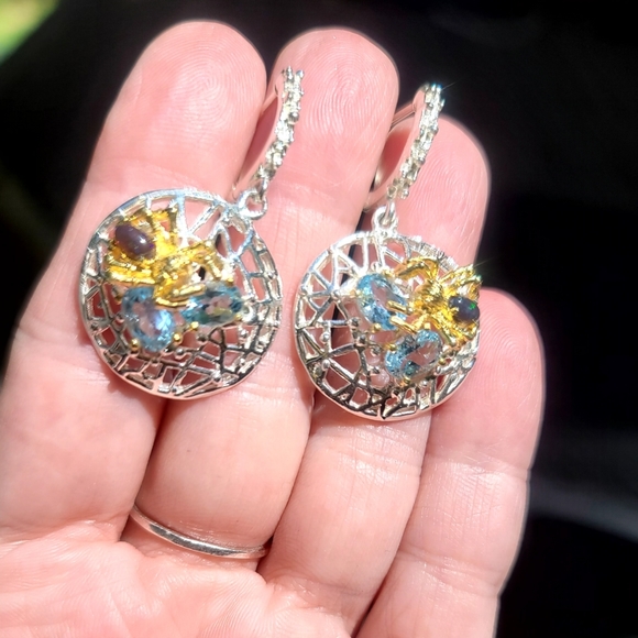 Black Opal & aquamarine sterling/gold spider earrings - Picture 4 of 11